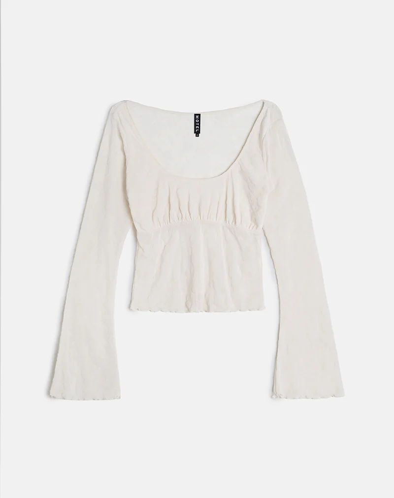 Aqsa Long Sleeve Top in Floral Flock Cream - Image 4