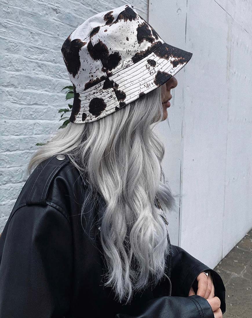 Bucket Hat in Cow Hide Brown and White Hat