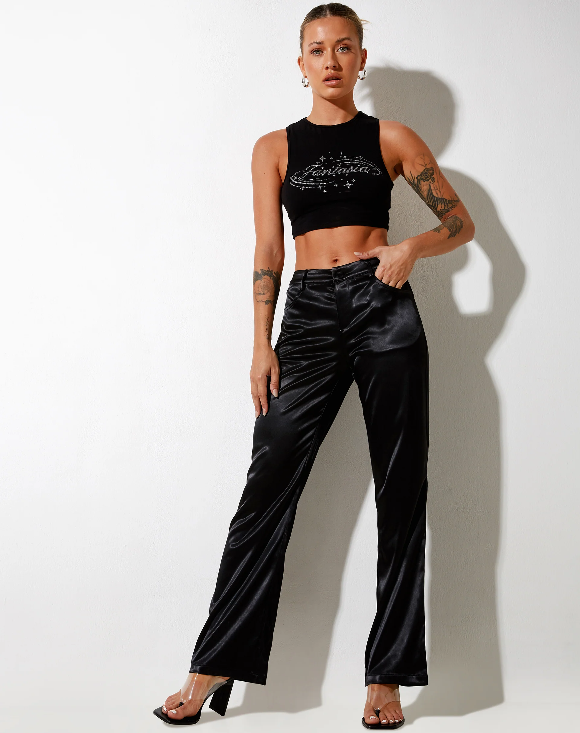 Desta Trouser in Satin Black Fantasia Diamante - Image 4