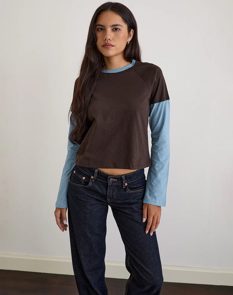 Enid Layered T-Shirt in Chocolate Brown and Light Blue - Image 2