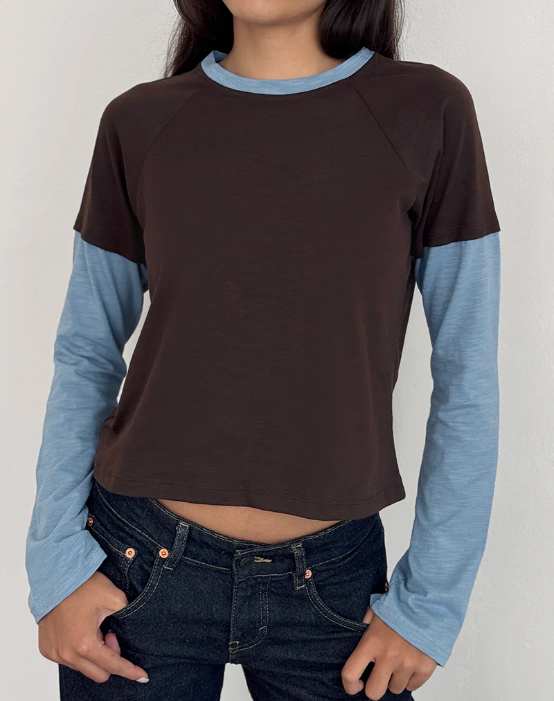 Enid Layered T-Shirt in Chocolate Brown and Light Blue - Image 3