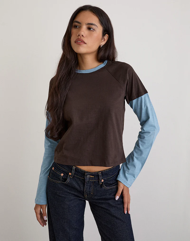 Enid Layered T-Shirt in Chocolate Brown and Light Blue - Image 4