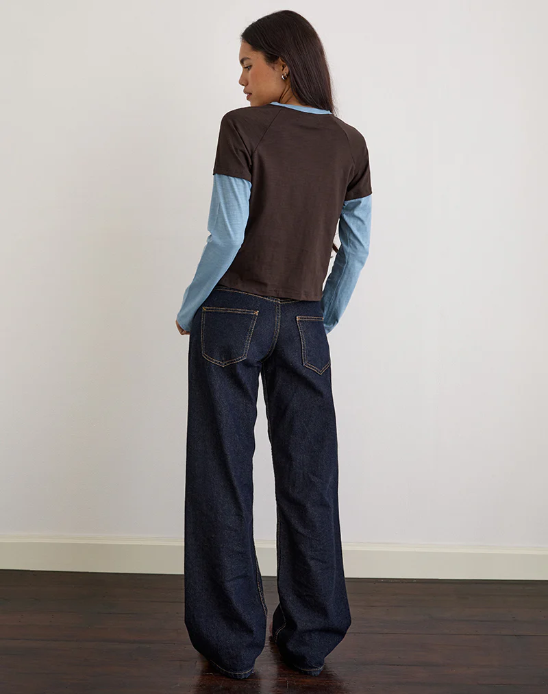 Enid Layered T-Shirt in Chocolate Brown and Light Blue - Image 5