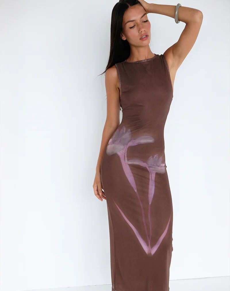 Fayola Maxi Dress in Blurred Floral Print Brown - Image 2