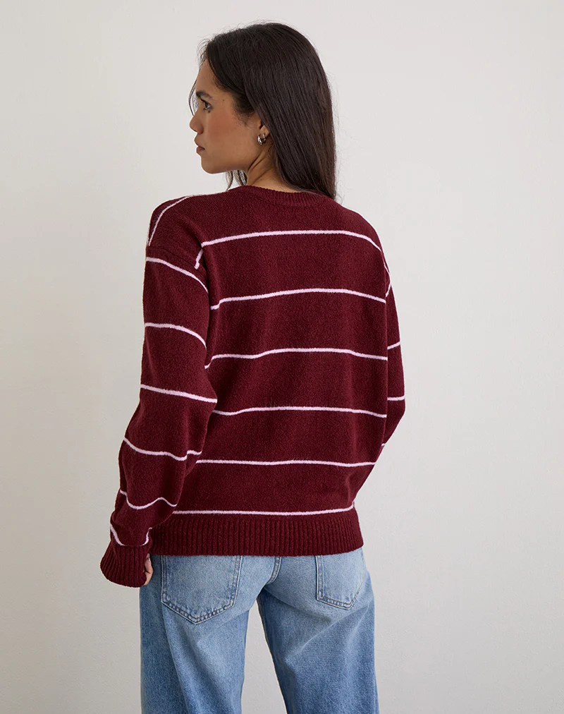 Ishari Knitted Jumper in Burgundy with Pink Stripe - Image 6