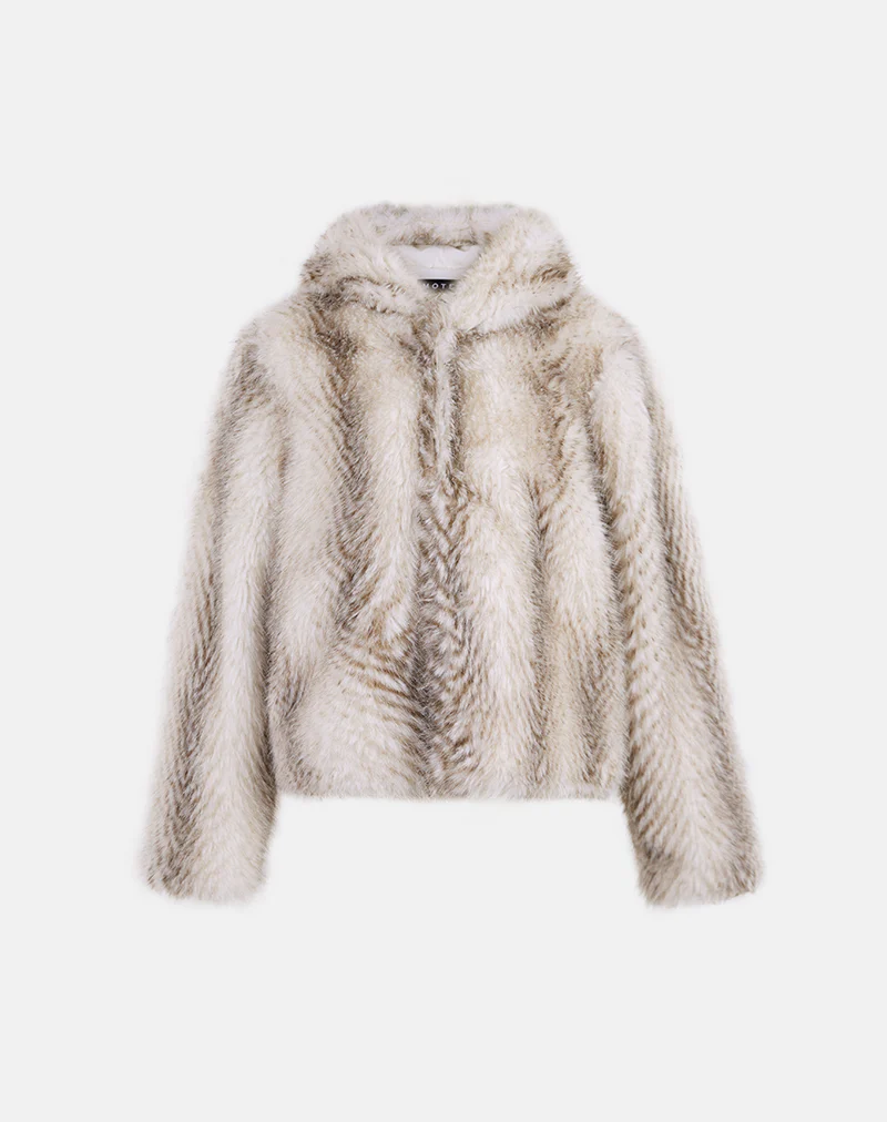 Jemi Hooded Cropped Faux Fur Jacket in Cream - Image 4