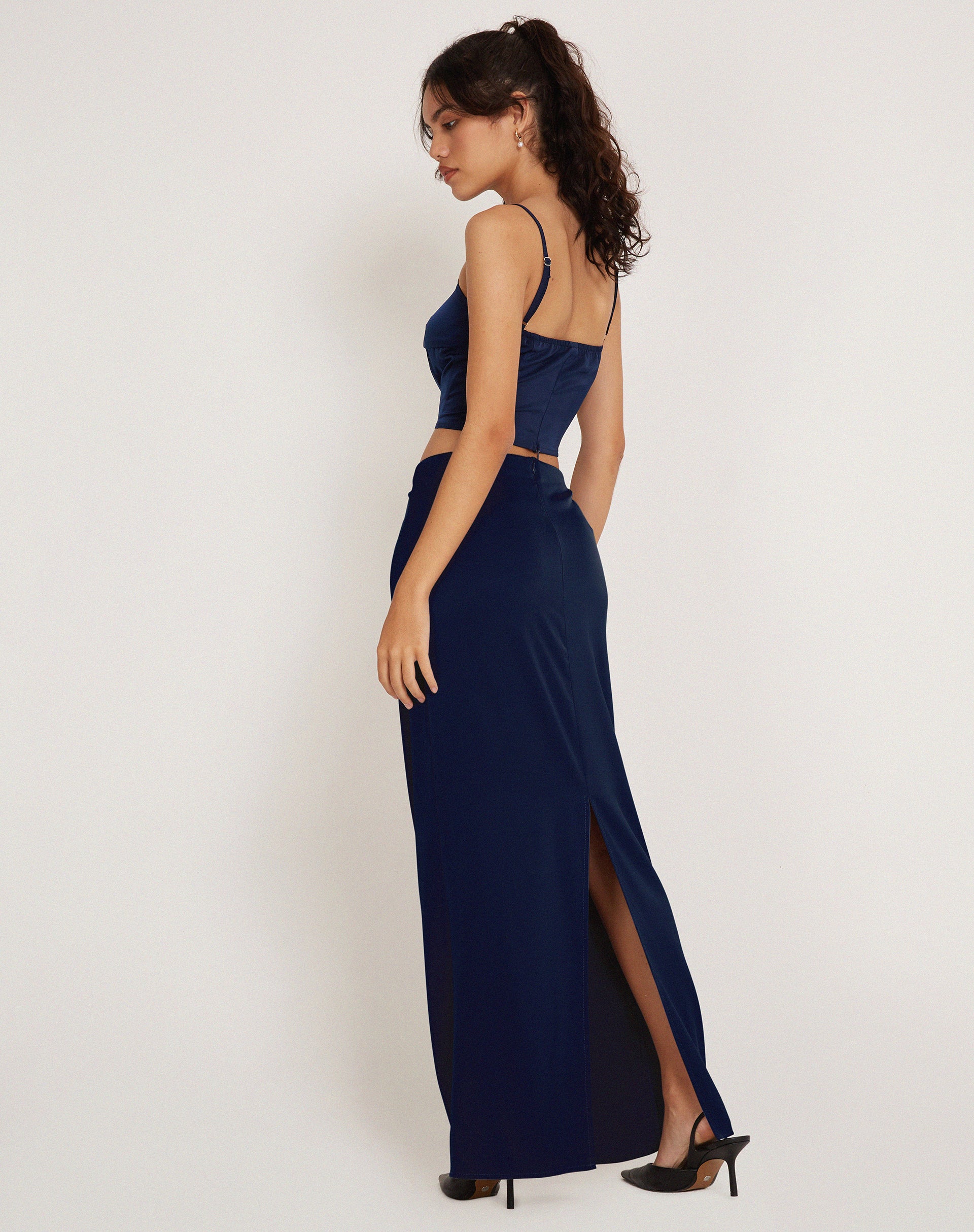 Layla Maxi Skirt in Satin Midnight Navy Blue - Image 2