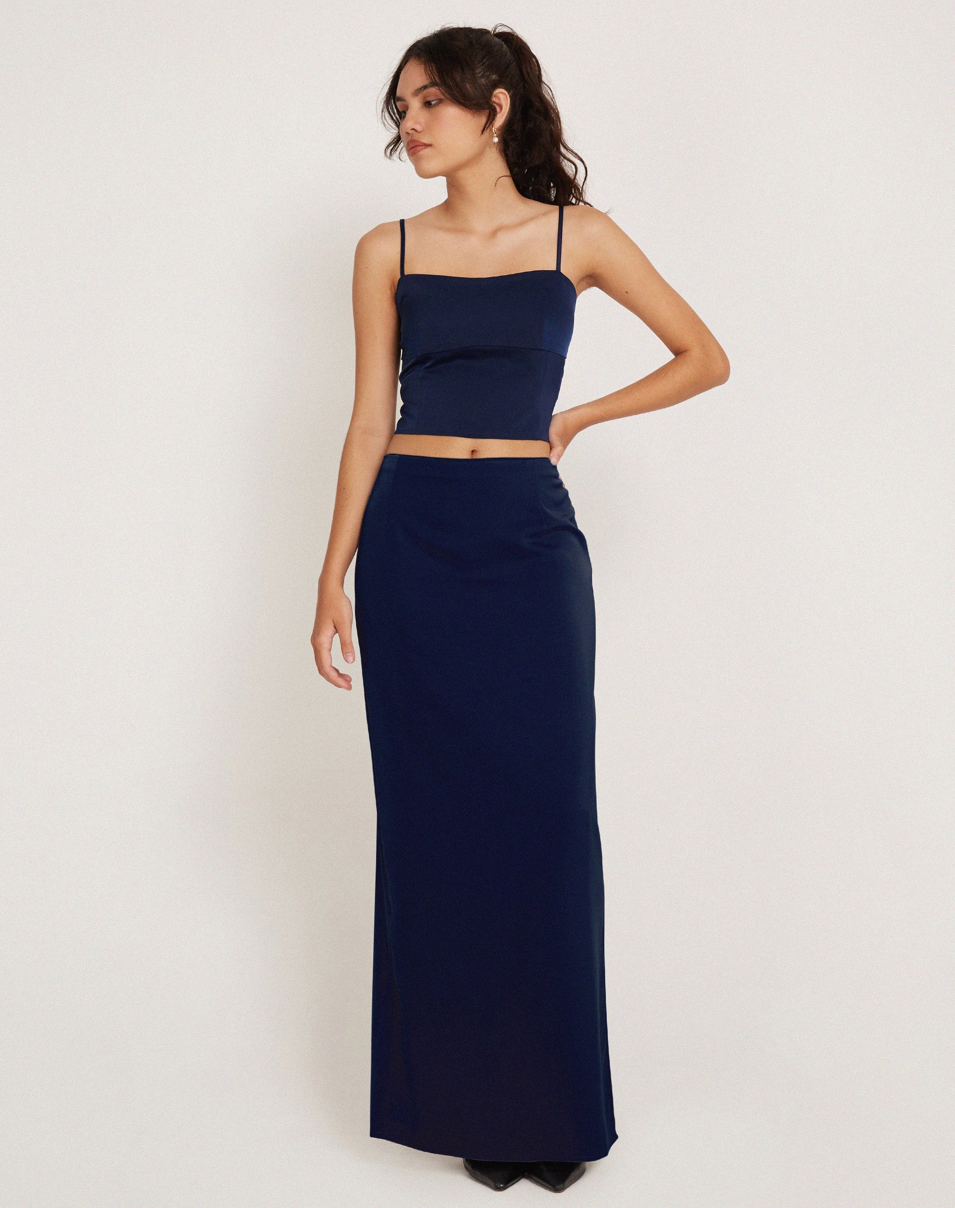 Layla Maxi Skirt in Satin Midnight Navy Blue - Image 3