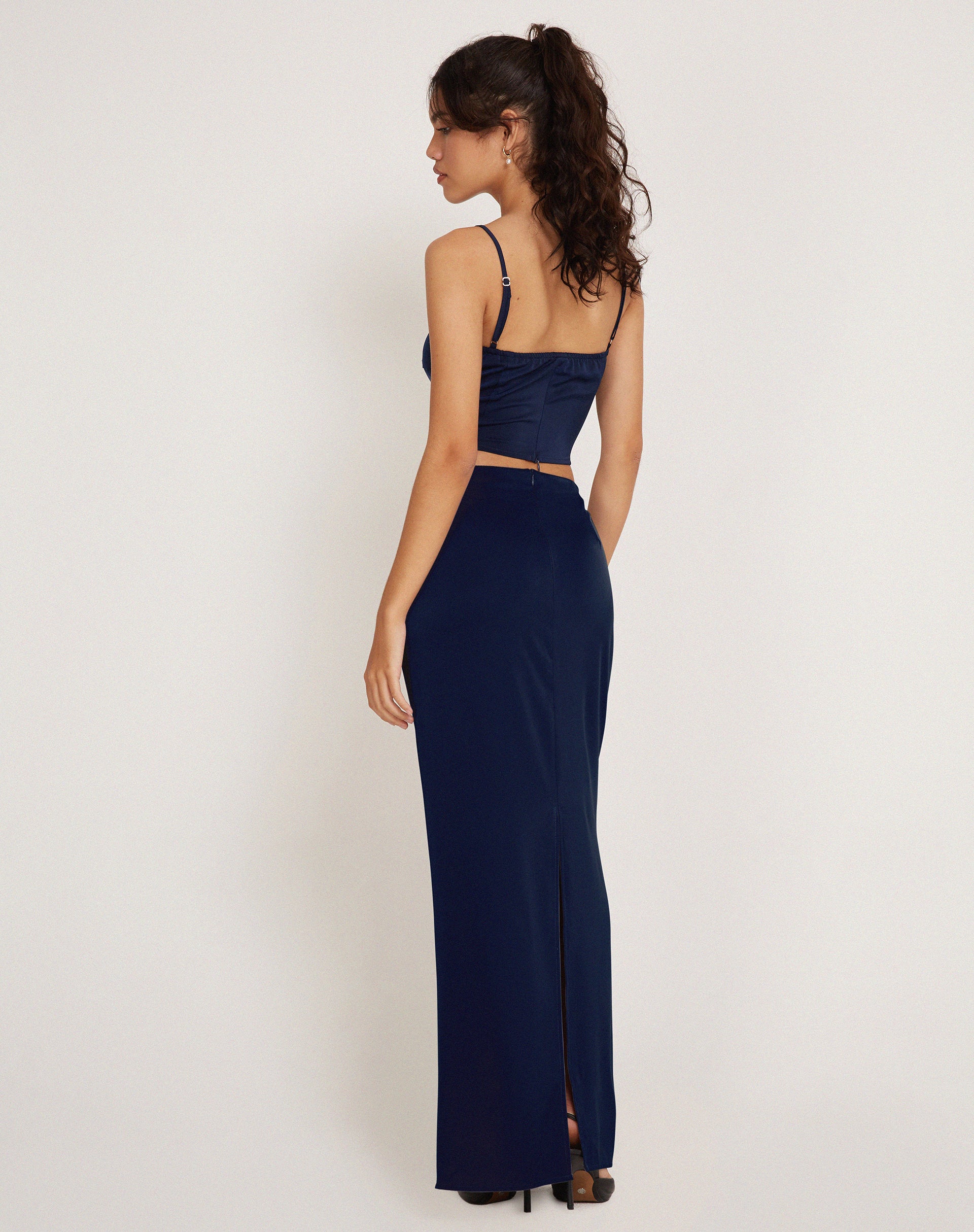 Layla Maxi Skirt in Satin Midnight Navy Blue - Image 4