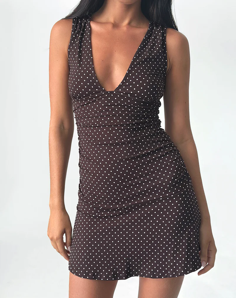 Luscian Plunge Mini Dress in Micro Polka Brown - Image 5