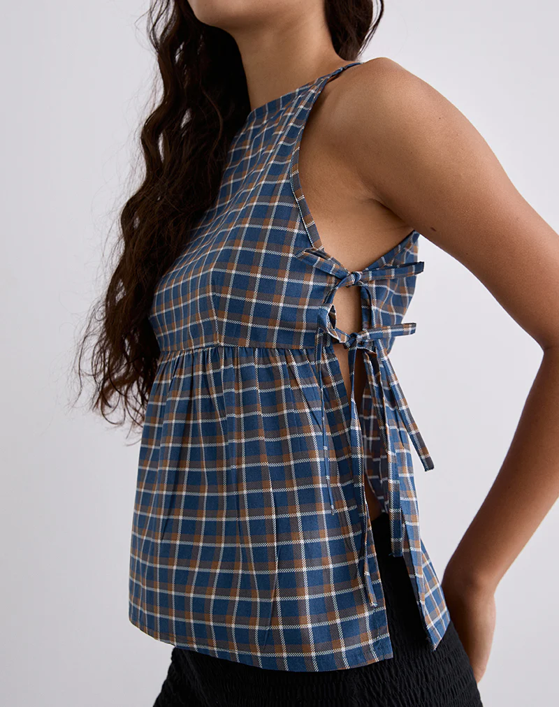 Palsi Tie Side Top in Medium Tartan Blue - Image 2
