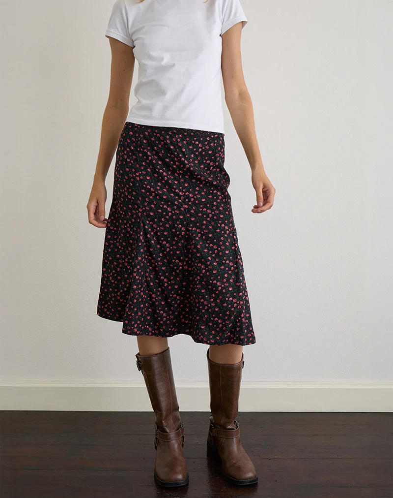 Rahyu Midi Skirt in Dark Pink Rose Black - Image 2
