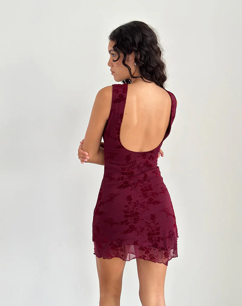 Renata Mini Dress in Flocked Botanical Flower Maroon - Image 2