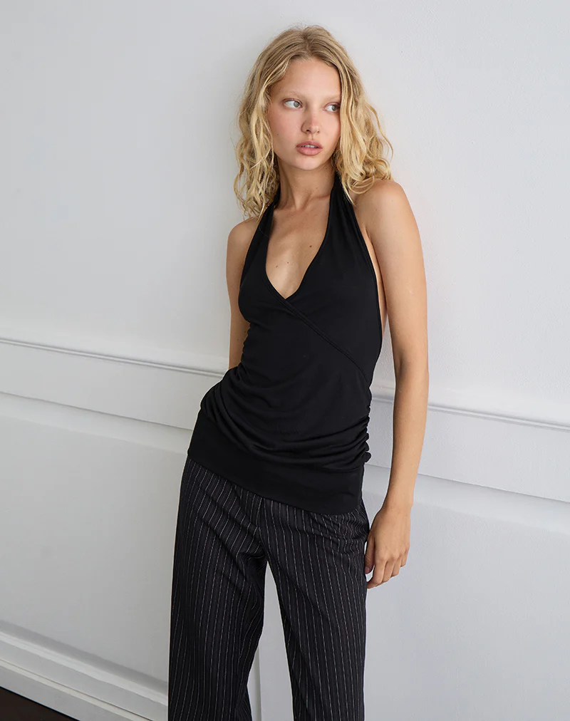 Seren Plunge Wrap Top in Cupro Black