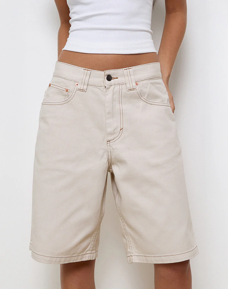 Low Rise Denim Skater Short in Off White - Image 6