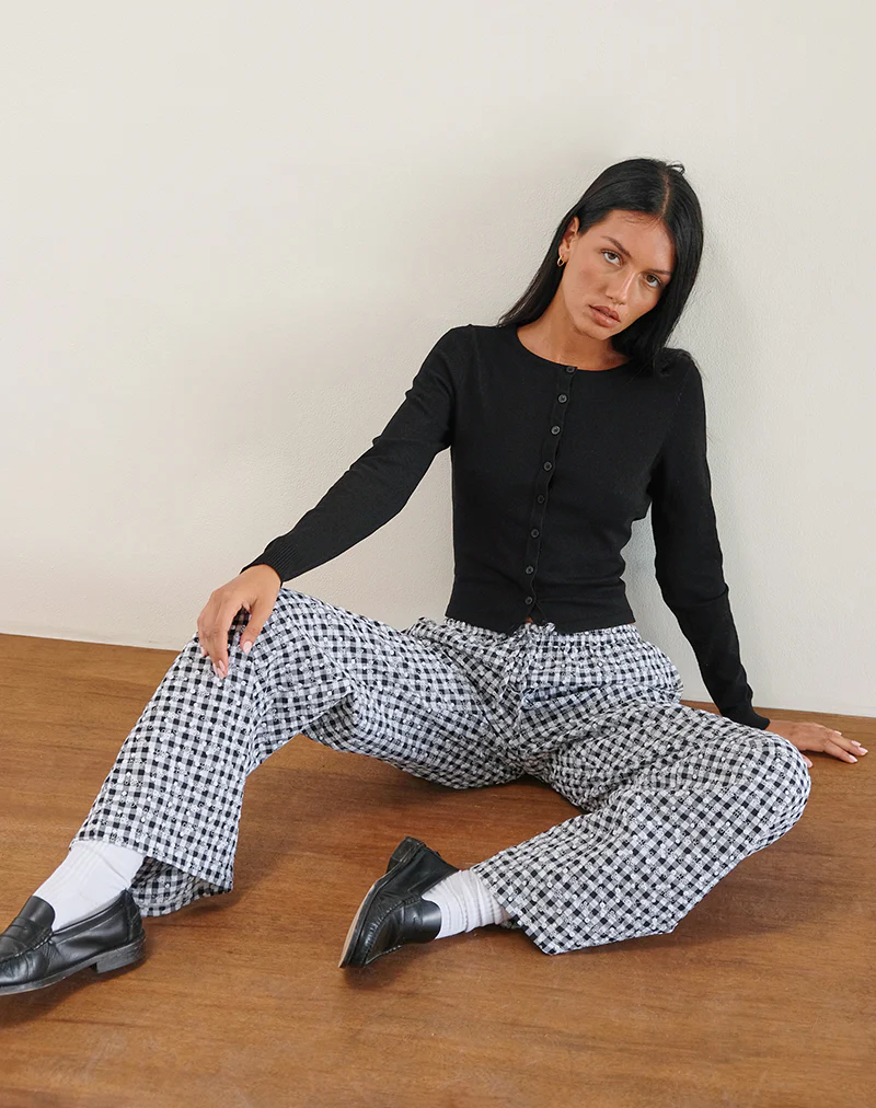 Wasic Wide Leg Trouser in Floral Gingham Black - Image 4