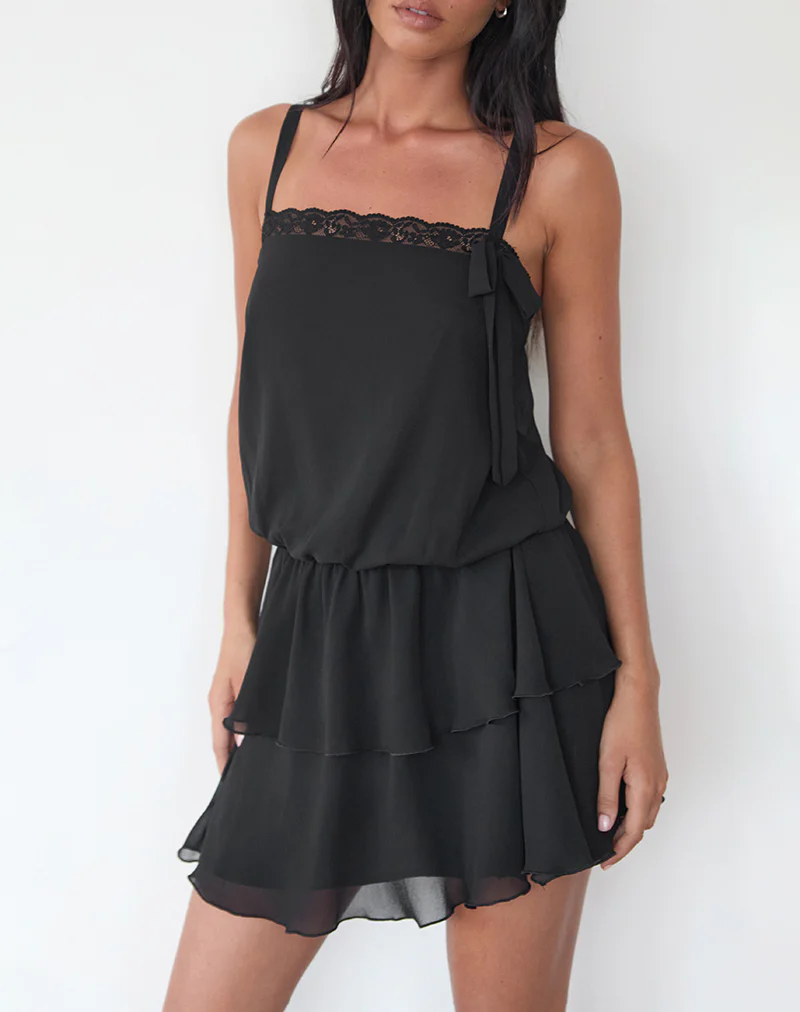 Wasinah Mini Dress in Black Chiffon with Lace Trim - Image 2