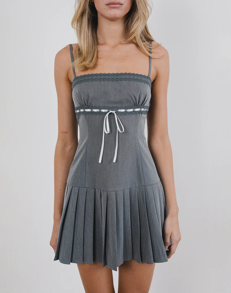 Wimala Mini Dress in Charcoal with White Ribbon - Image 2