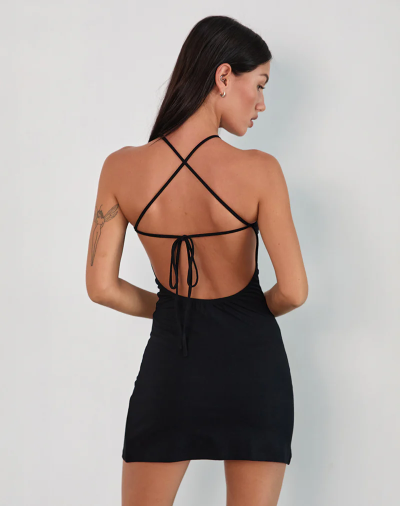Yorozu Tie Back Mini Dress in Black - Image 4